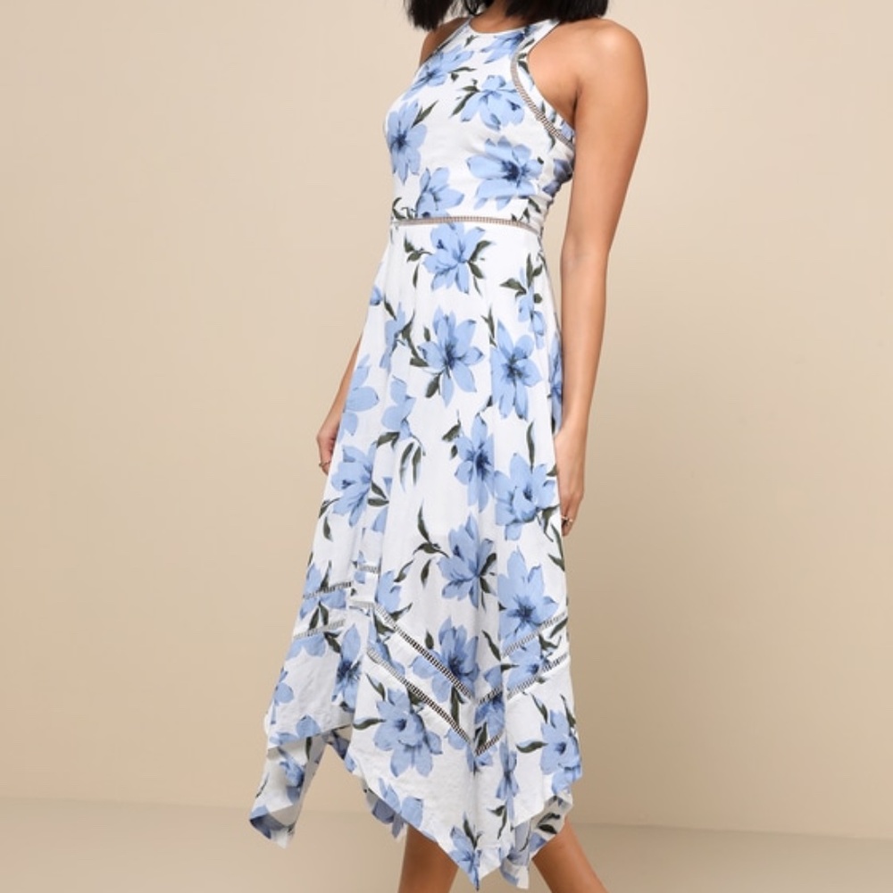 Lulus Zahara Blue And White Floral Print Midi Dress - Size S